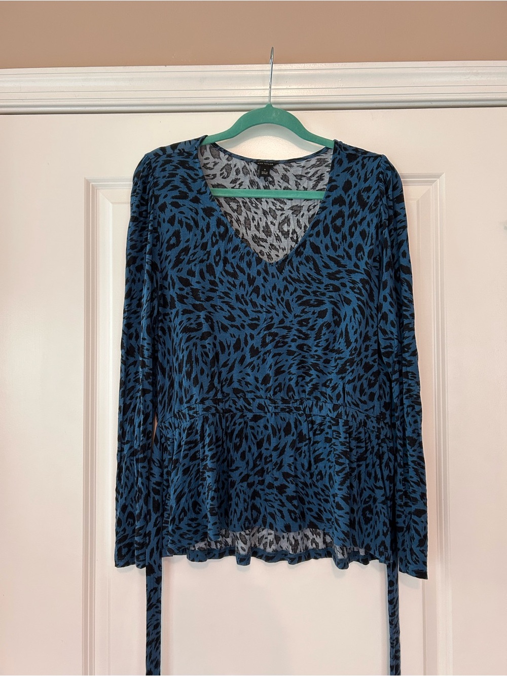 Ann Taylor Blue and Black Animal-Print V-Neck Peplum Long-Sleeve Top